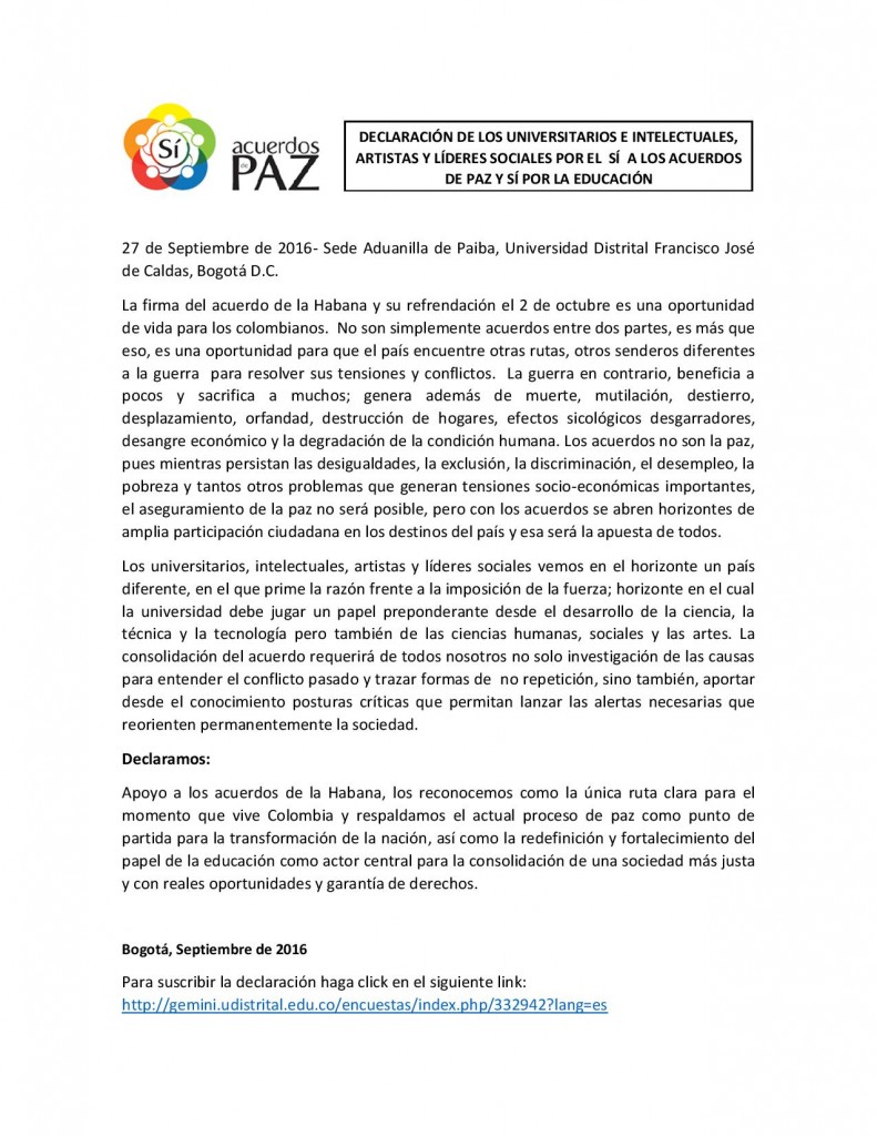 Declaración de los Universitarios e Intelectuales, Artistas y Líderes Sociales por el Sí de los acuerdos de Paz-page-001